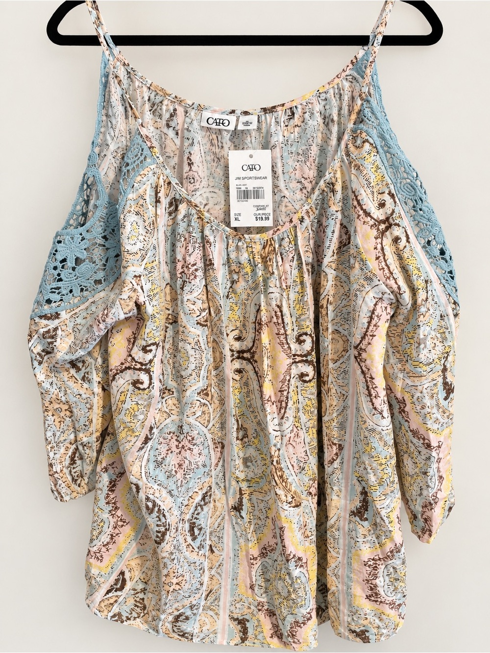 Cato Pastel Paisley Crochet Lace Cold Shoulder Top XL NWT